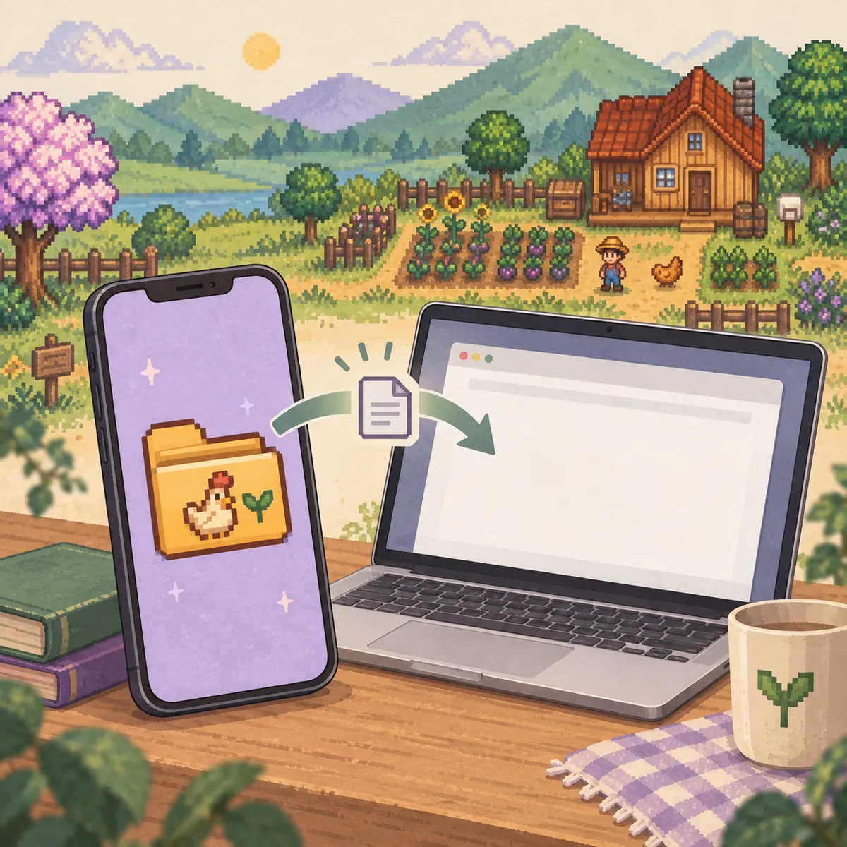 Illustrative mobile phone and laptop connected by a farm save file transfer