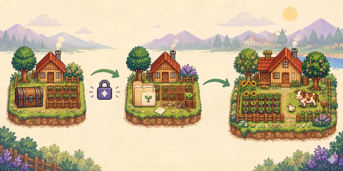 Editorial diagram showing an untouched farm backup, a separate edited copy and a restored healthy farm